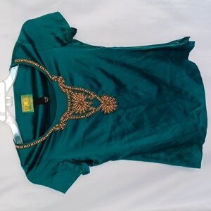 Tracy Porter Emerald Green Silk Beaded Blouse Sz S, Side Zip, 16" Ptp, 23" L